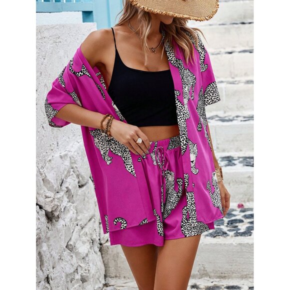 2 piece set: boho open front kimono top & shorts hot pink leopard print animal